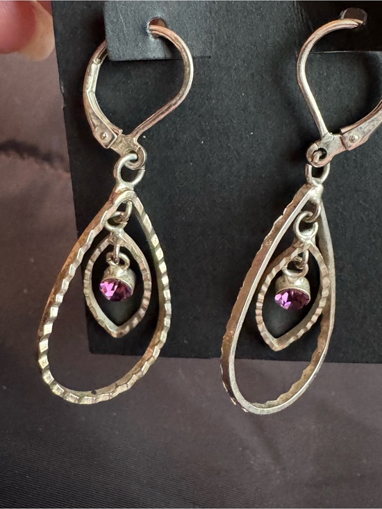 Jewelry - Silver Teardrop Dangle Earrings with Purple Crystal Accent